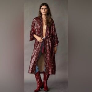 FREE PEOPLE RED SEQUIN BELTED ROBE